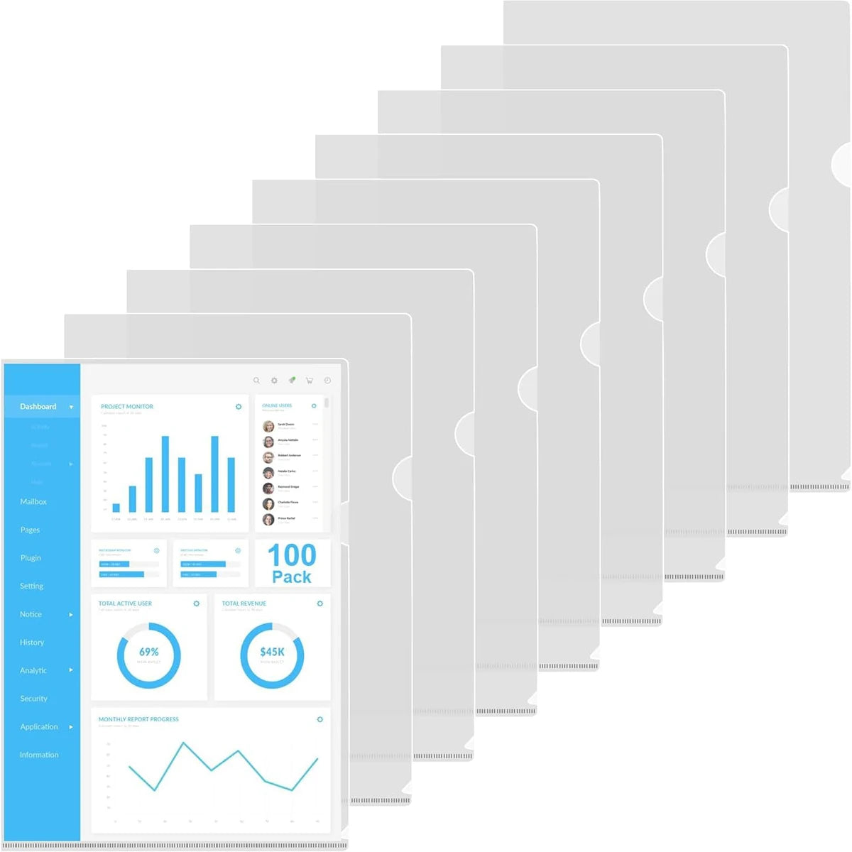 Clear Document Folder L-Type (Pack of 100) - Letter Size, Waterproof, Tear-Resistant, and Transparent for Home and School Use